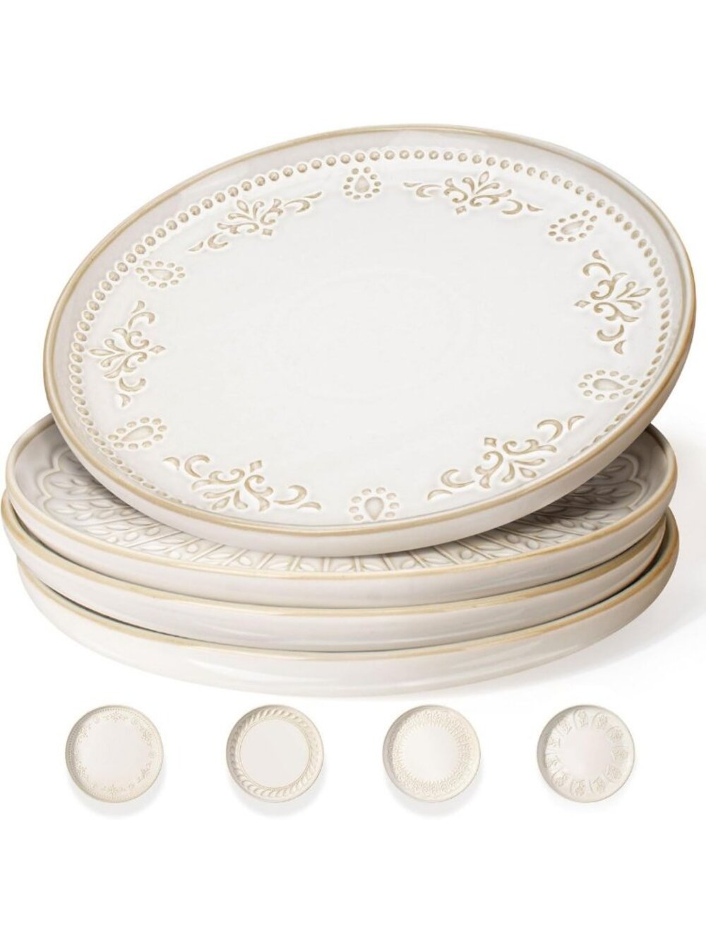Set of 4 Large Embossed Ceramic Dinner Plates, 10.75 Inch, Dishwasher